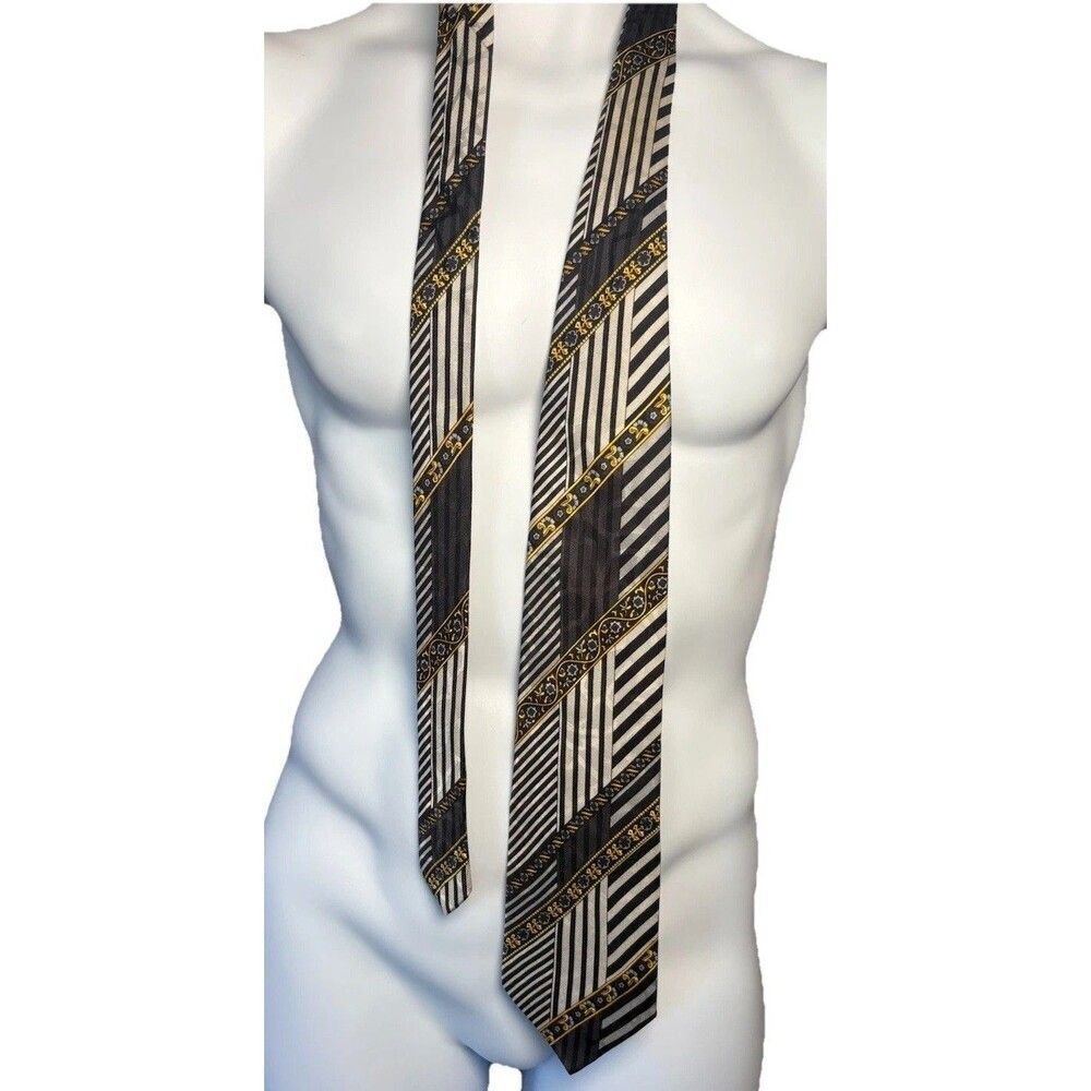Vtg V2 Versace Mens Black Gold Baroque Striped Silk Tie 3.75" W x 57” L